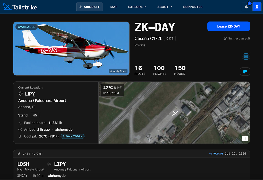 Screenshot of a shared aircraft's detail page on Tailstrike